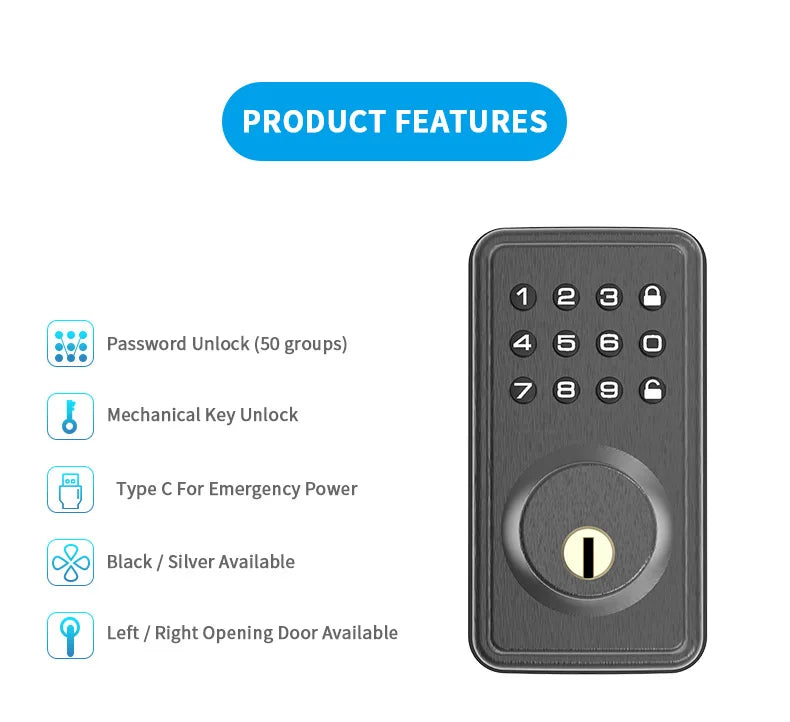 American Standard Smart Door Lock Silicone Touch Tone Keypad Password Key Smart Deadbolt Door Lock