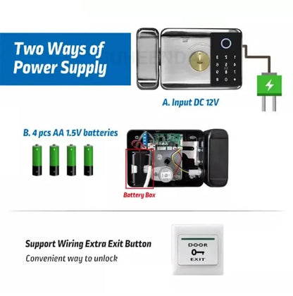 Waterproof Tuya Wifi Smart Rim Lock with Remote Control Fingerprint and Mechanical Key Unlocking Way for Apartment Office School
